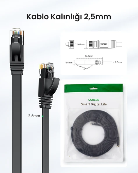 UGREEN CAT6 Flat Ethernet Kablosu, 3 Metre, Siyah, 50175 - Resim 8