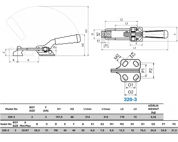 320-3 U Kancalı Yatay Tabanlı Yatay Kitleme İtme Çekme Takımı 23790 - 2