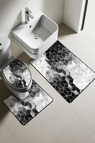 Modern Desenli 3'lü Banyo Paspas Takımı – Yıkanabilir Kaymaz Tabanlı Klozet Takımı KLZ0002 RENKLİ 60 X 90 - 1