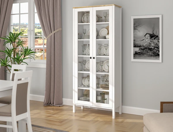 Hunerika Sarel Cam kapaklı vitrin/büfe - wood beyaz/legnano