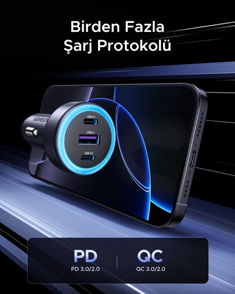 UGREEN 30W 3 Portlu Araç İçi Şarj Cihazı Çakmaklık Adaptörü, 45843 - Resim 7