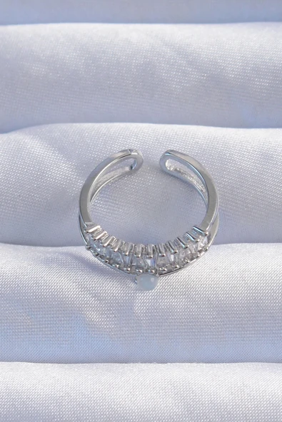 pilelistore Pirinç Gümüş Renk Sedefli Zirkon Taşlı Su Yolu Model 2li Görünüm Ayarlanabilir Yüzük - TJ-BYK3254 - 2