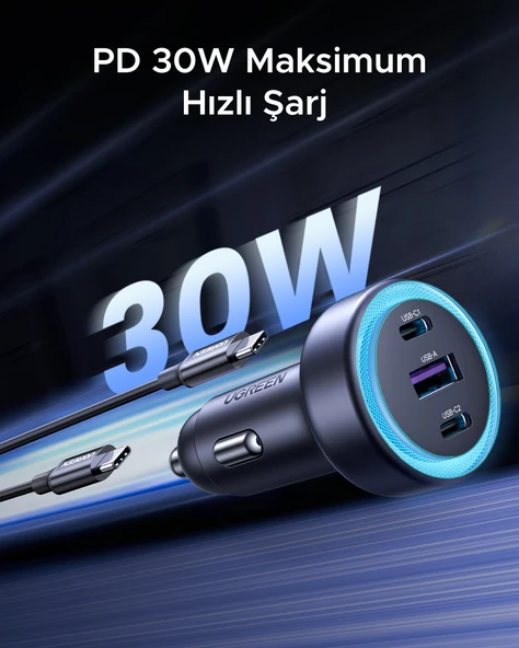 UGREEN 30W 3 Portlu Araç İçi Şarj Cihazı Çakmaklık Adaptörü, 45843 - Resim 6