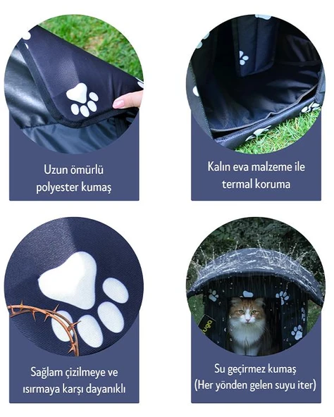 Yuga Pati Desenli Siyah Kedi Evi Isı ve Yağmur Korumalı - 8