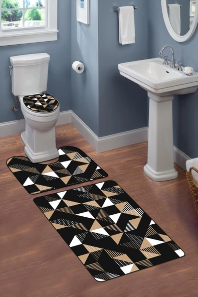 Modern Desenli 3'lü Banyo Paspas Takımı – Yıkanabilir Kaymaz Tabanlı Klozet Takımı KLZ0016 RENKLİ 60 X 90 - 2