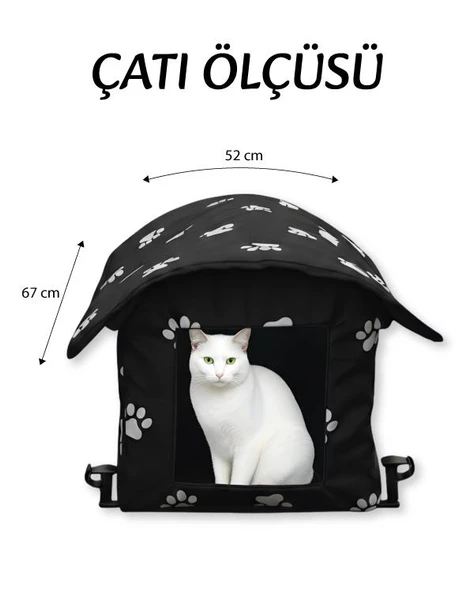 Yuga Pati Desenli Siyah Kedi Evi Isı ve Yağmur Korumalı - 10