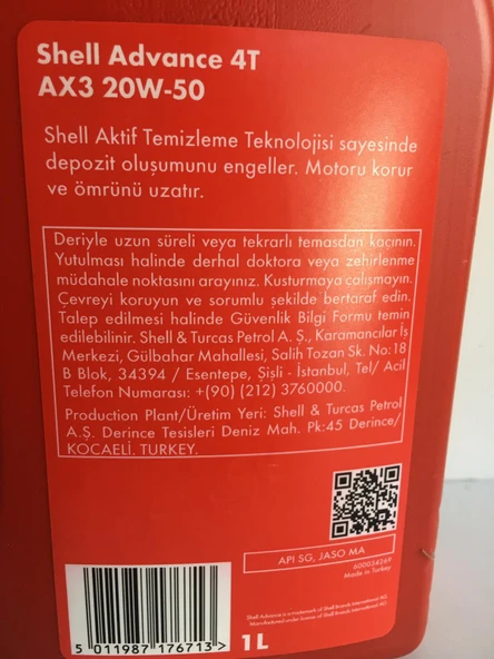 Shell Yağ 20/50 Advance 4t Ax3 Mineral 1 L Motosiklet Yağı - Resim 2