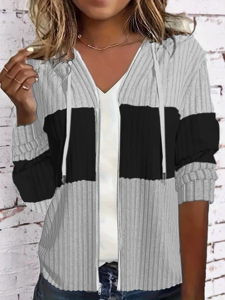 Kadın Uzun Kollu Kapşonlu önden Fermuarlı Blok Desenli şardonlu Kaşkorse Ceket - 7