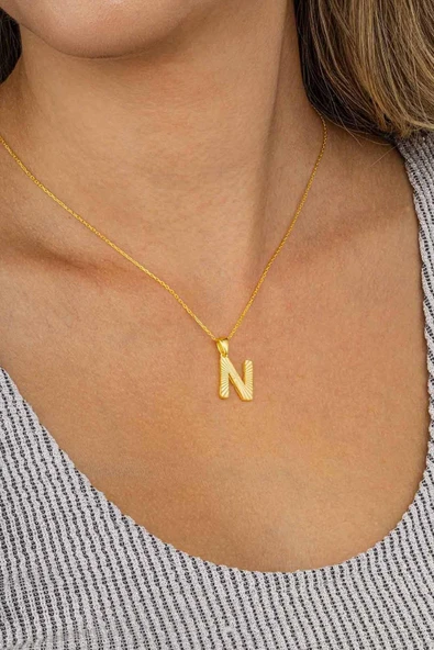 Gümüş Pazarım Altın Kaplama N Harfi Kadın 925 Ayar Gümüş Kolye - Resim 3