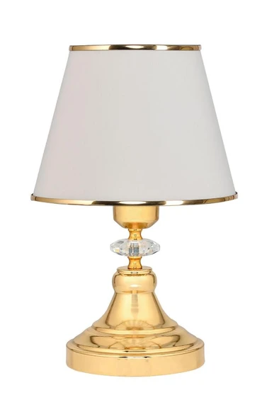 Art Deco Tarz Kristal Taş Süslü Metal Ayak ve Gold Şeritli Krem Başlık 2'li Abajur Seti İki Adet - 3