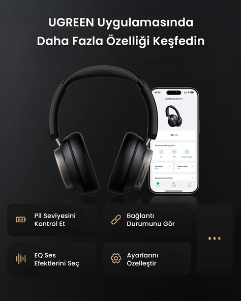 UGREEN HiTune Max6 Studio Pro Hibrit Aktif Gürültü Engelleyici Kablosuz Kulak Üstü Kulaklık, 100 Saat Çalma Süresi, Siyah, 55687 - Resim 5