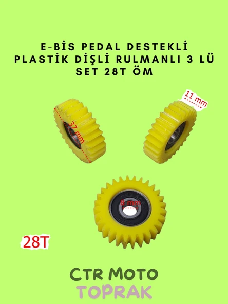 E-Bike Pedal Destekli Dişli Rulmanlı Set 28T – Sarı Plastik 3’lü Dişli Takımı ürün görseli 1