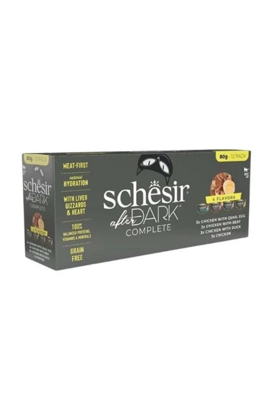 Schesir After Dark Tavuk & Bıldırcın Yumurtası & Sığır & Ördek Et Suyunda Yetişkin Kedi Konservesi Çeşit Paketi 12x80g  Skt: 02/2027 ürün görseli
