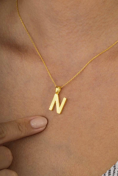 Gümüş Pazarım Altın Kaplama N Harfi Kadın 925 Ayar Gümüş Kolye - Resim 2