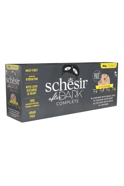 Schesir After Dark Tavuk & BıldırcınYumurtası & Sığı r& Ördek Et Suyunda PateYetişkin Kedi Konservesi Çeşit Paketi 12x80g Skt: 02/2027 ürün görseli