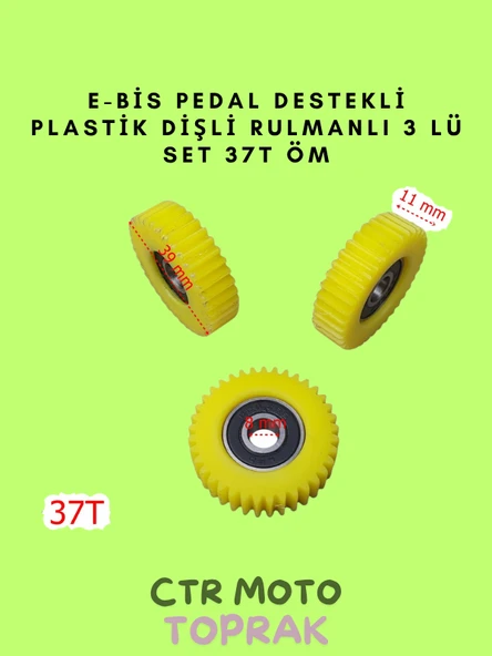 E-Bike Pedal Destekli Dişli Rulmanlı Set 37T – Sarı Plastik 3’lü Dişli Takımı - 1