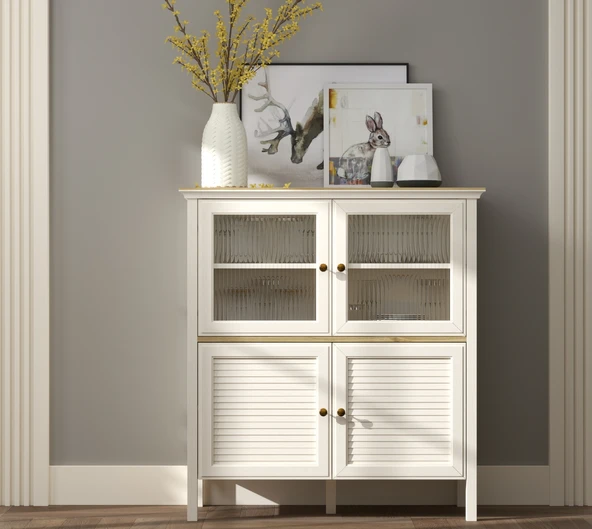 Hunerika Feyra Premium 2 cam kapaklı 2 panjur kapaklı büfe/vitrin -Legnano/krem Minifiks Bağlantılı - 2