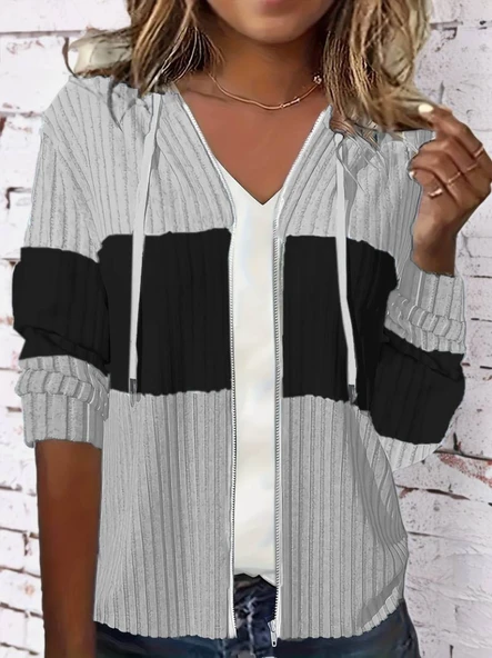 Kadın Uzun Kollu Kapşonlu önden Fermuarlı Blok Desenli şardonlu Kaşkorse Ceket - 5