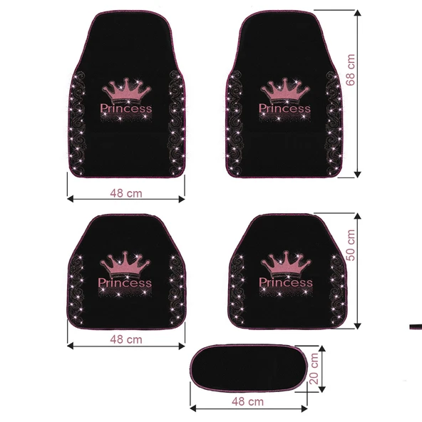 Işıltıya Hazır Ol, Bu Yol Senin! Pembe Taşlı Prenses Taç Desenli 5’li Nakışlı Oto Halı Paspas Seti - Resim 7