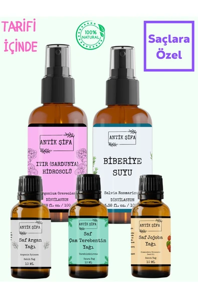 Antik Şifa Doğal Saç Bakım Yağı Ve Doğal Biberiye Suyu Seti, Argan, Jojoba, Çam Terebentin Yağı, Biberiye Suyu ürün görseli