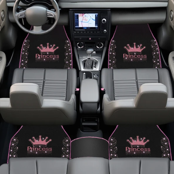Işıltıya Hazır Ol, Bu Yol Senin! Pembe Taşlı Prenses Taç Desenli 5’li Nakışlı Oto Halı Paspas Seti - Resim 2