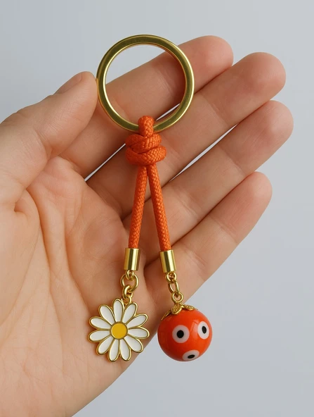 Turuncu Toplu Papatyalı İp Anahtarlık - 2