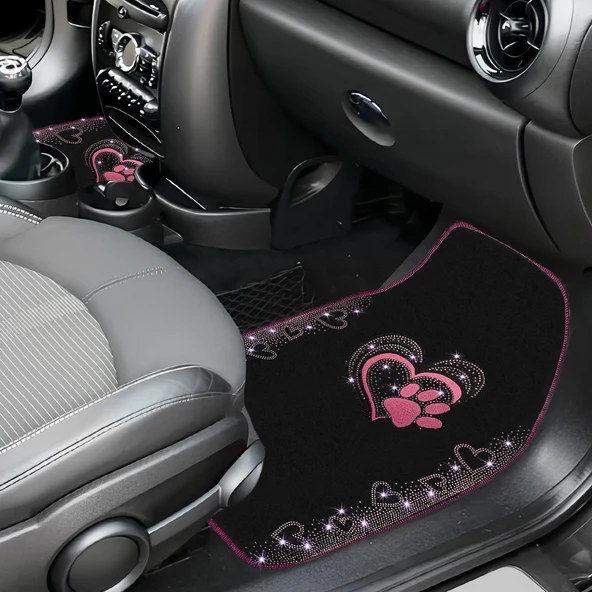Kadınlara Özel Nakış İşlemeli Taşlı Kalp ve Köpek Pati Desenli Oto Paspas Seti - Şık ve Dayanıklı - Resim 4