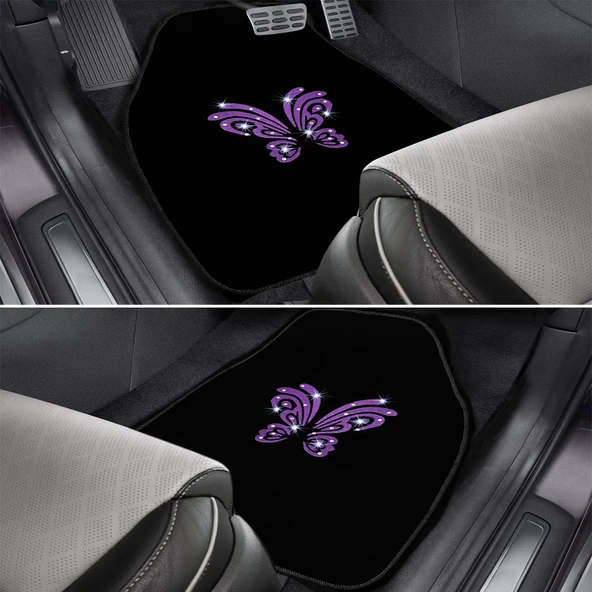Kadın Sürücülere Özel: Mor Kelebek Zarafeti & Taşlı Siyah Oto Halı Paspas Seti - 5 Parça Nakışlı - Resim 5