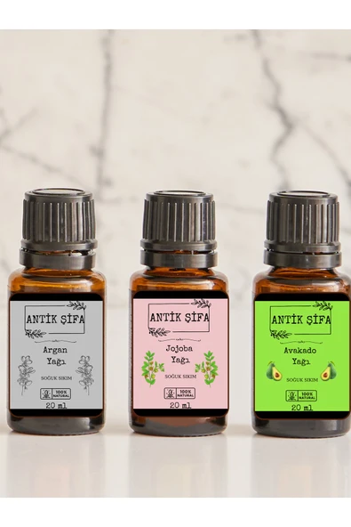 Antik Şifa Doğal Saç Bakım Seti, 3'lü Soğuk Sıkım Yağ Seti - (ARGAN YAĞI, AVOKADO YAĞI , JOJOBA YAĞI) 3x 20ml ürün görseli