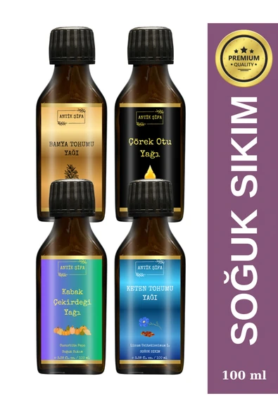 Antik Şifa Bamya Tohumu Yağı, Kabak Çekirdeği Yağı, çörek otu yağı, Keten Tohumu Yağı (4x100ml) - Soğuk Sıkım