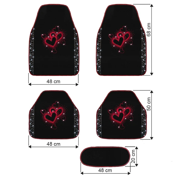 Romantik Kalp Desenli Kadınlara Özel Taşlı Lüks Oto Paspas Takımı - Kırmızı Nakışlı Lüks Araç Paspas - Resim 7