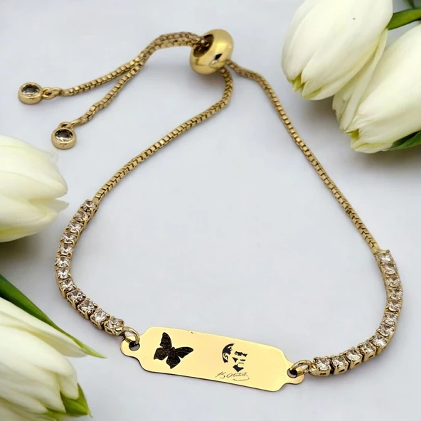 14 Ayar Altın Plakalı Sembole Özel Kelebek Figürlü Beyaz Taş Desenli Altın Renkli Zincirli Hediye Bileklik-644 ürün görseli