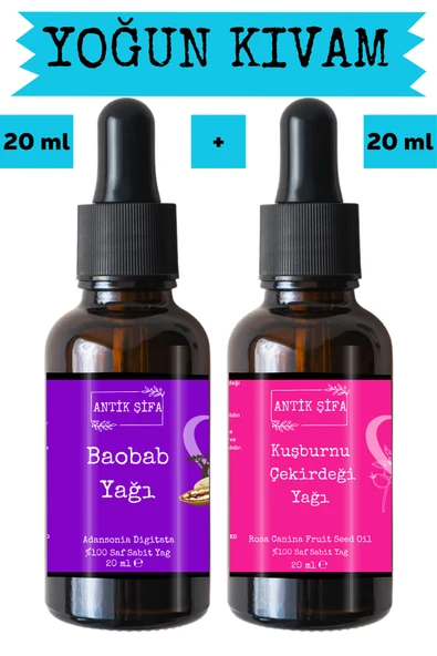 Antik Şifa Baobab Yağı ve Kuşburnu Çekirdeği Yağı (20ml + 20ml) -%100 Doğal Soğuk Sıkım Yüz Yogası Yağı Seti ürün görseli