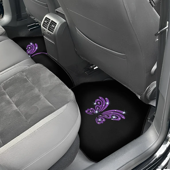 Kadın Sürücülere Özel: Mor Kelebek Zarafeti & Taşlı Siyah Oto Halı Paspas Seti - 5 Parça Nakışlı - Resim 7