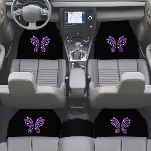 Kadın Sürücülere Özel: Mor Kelebek Zarafeti & Taşlı Siyah Oto Halı Paspas Seti - 5 Parça Nakışlı - Resim 2
