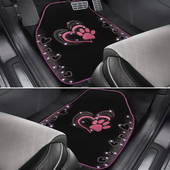 Kadınlara Özel Nakış İşlemeli Taşlı Kalp ve Köpek Pati Desenli Oto Paspas Seti - Şık ve Dayanıklı - Resim 6