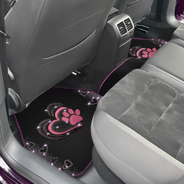Kadınlara Özel Nakış İşlemeli Taşlı Kalp ve Köpek Pati Desenli Oto Paspas Seti - Şık ve Dayanıklı - Resim 5