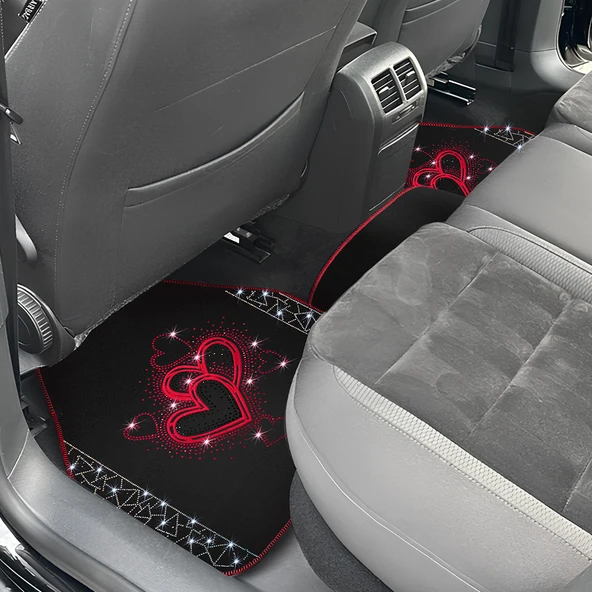 Romantik Kalp Desenli Kadınlara Özel Taşlı Lüks Oto Paspas Takımı - Kırmızı Nakışlı Lüks Araç Paspas - Resim 5