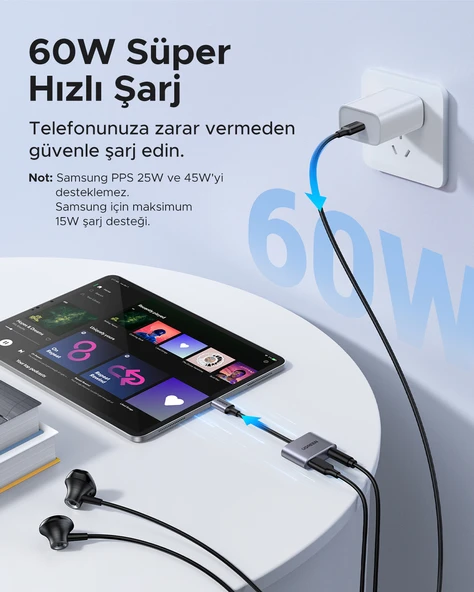 UGREEN USB-C 3.5mm Kulaklık Jakı Ses Adaptörü ve Şarj Cihazı DAC Tip C - Aux Kulaklık Ayırıcı, 60164 - 4
