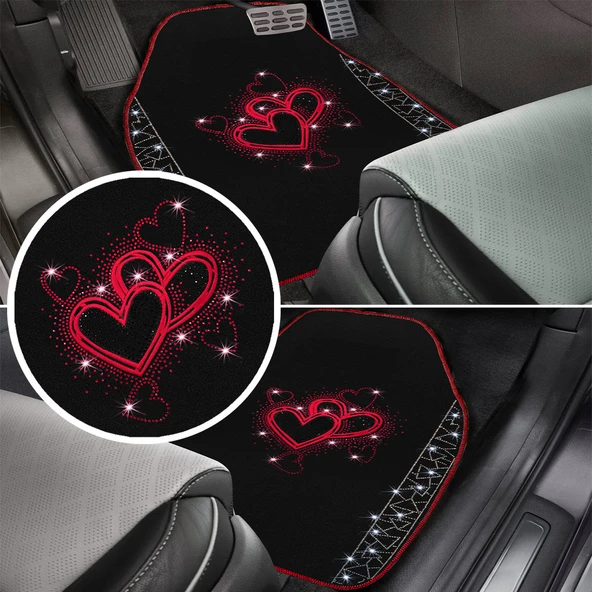 Romantik Kalp Desenli Kadınlara Özel Taşlı Lüks Oto Paspas Takımı - Kırmızı Nakışlı Lüks Araç Paspas ürün görseli