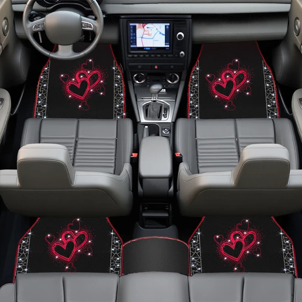Romantik Kalp Desenli Kadınlara Özel Taşlı Lüks Oto Paspas Takımı - Kırmızı Nakışlı Lüks Araç Paspas - Resim 2