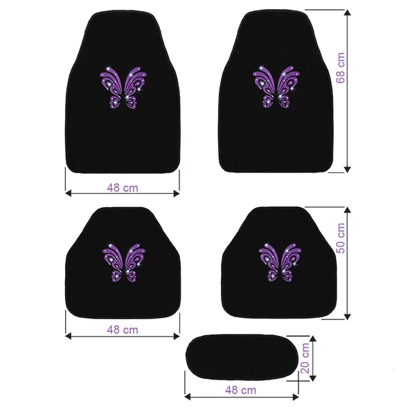 Kadın Sürücülere Özel: Mor Kelebek Zarafeti & Taşlı Siyah Oto Halı Paspas Seti - 5 Parça Nakışlı - Resim 6