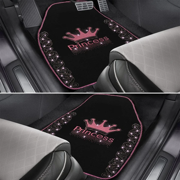 Işıltıya Hazır Ol, Bu Yol Senin! Pembe Taşlı Prenses Taç Desenli 5’li Nakışlı Oto Halı Paspas Seti - Resim 6