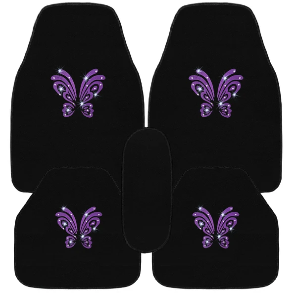 Kadın Sürücülere Özel: Mor Kelebek Zarafeti & Taşlı Siyah Oto Halı Paspas Seti - 5 Parça Nakışlı - Resim 8