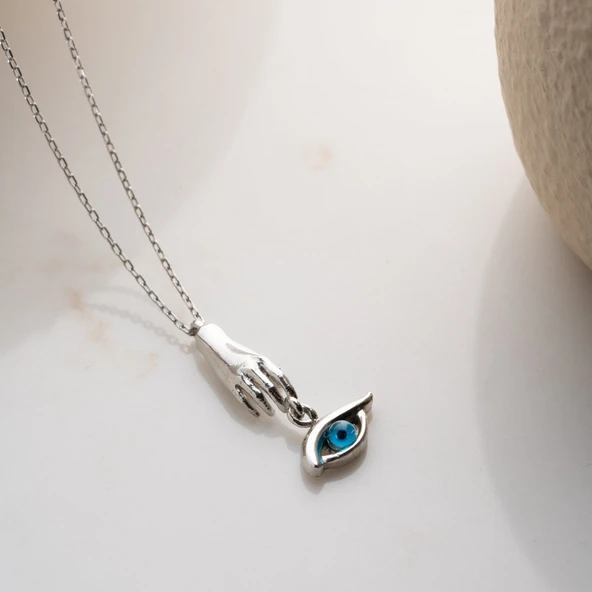 Vaoov 925 Ayar Gümüş El Figürü ve Sallantılı Göz Kolye - Resim 5