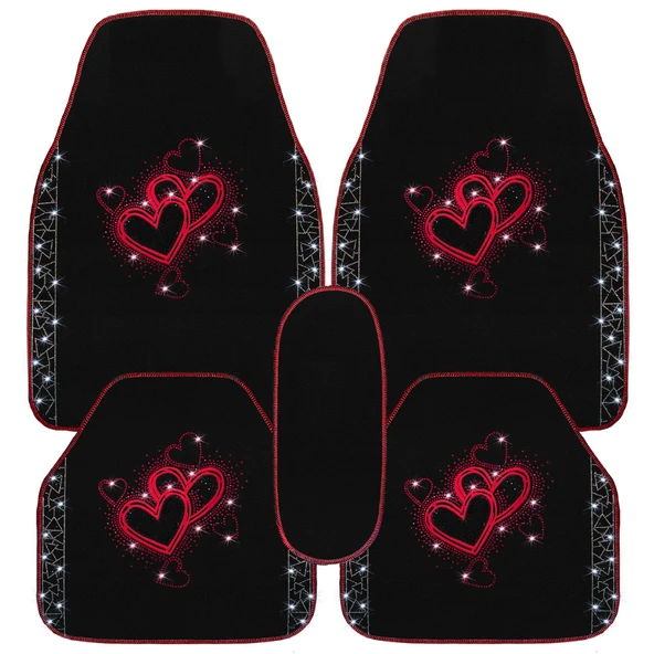 Romantik Kalp Desenli Kadınlara Özel Taşlı Lüks Oto Paspas Takımı - Kırmızı Nakışlı Lüks Araç Paspas - Resim 8