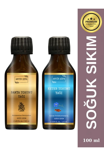 Antik Şifa Bamya Tohumu Yağı ve Keten Tohumu Yağı (100ml+100ml) - %100 Doğal Soğuk Sıkım Yağlar