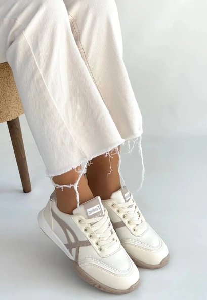 Zlay Bej Cilt Vizon Detaylı Bağcıklı Spor Ayakkabı - Resim 3