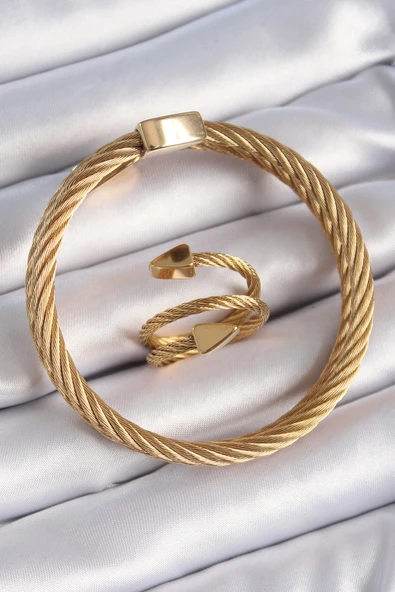 pilelistore 316L Çelik Gold Renk Sarmal Model Erkek Bileklik Yüzük Kombini - TJ-EB3688