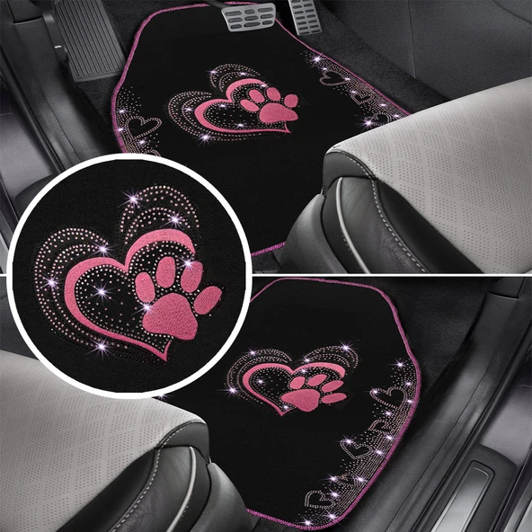 Kadınlara Özel Nakış İşlemeli Taşlı Kalp ve Köpek Pati Desenli Oto Paspas Seti - Şık ve Dayanıklı ürün görseli